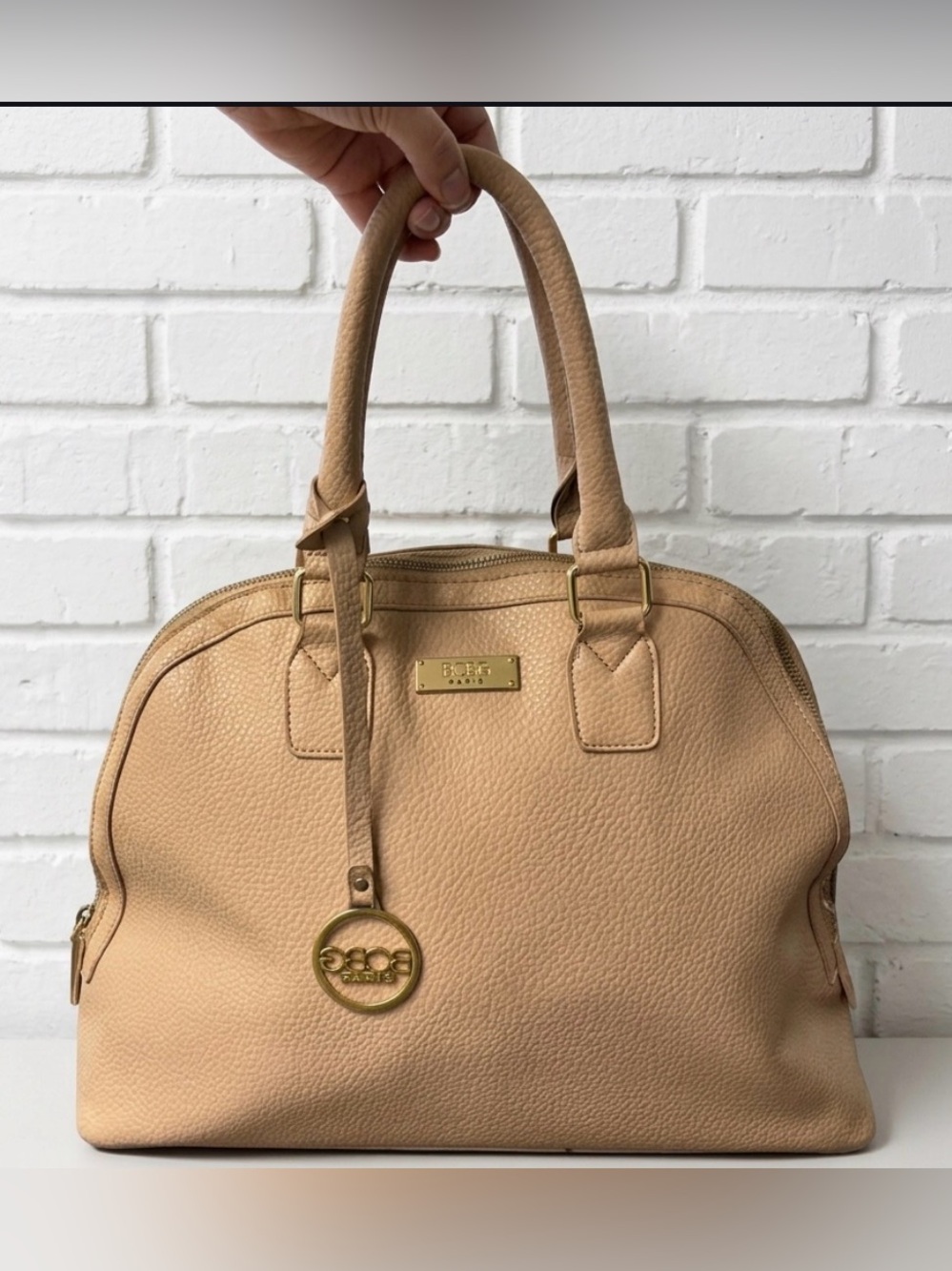BCBG Paris Tan Pebble Satchel with Gold Hardware